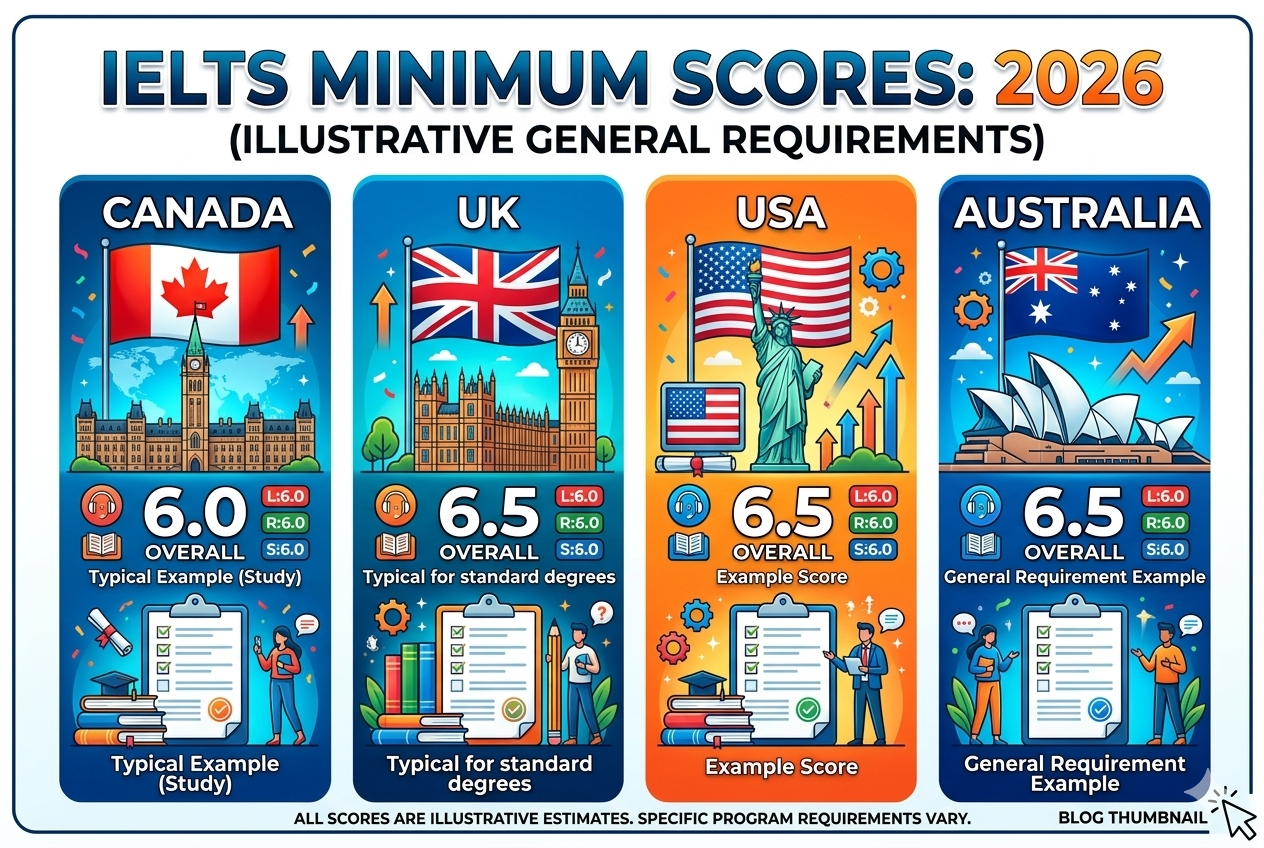 Minimum IELTS Score Required for Canada, UK, USA & Australia 2026