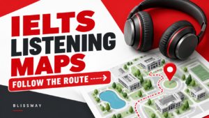 IELTS Listening map labelling guide with headphones and a fictional campus route
