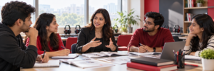 Illustrative English-language classroom with adult students and a trainer