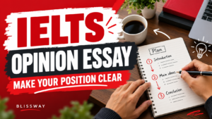 IELTS opinion essay planning: make your position clear, with notebook and pen