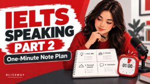 IELTS Speaking Part 2: one-minute cue-card preparation with short notes and a timer