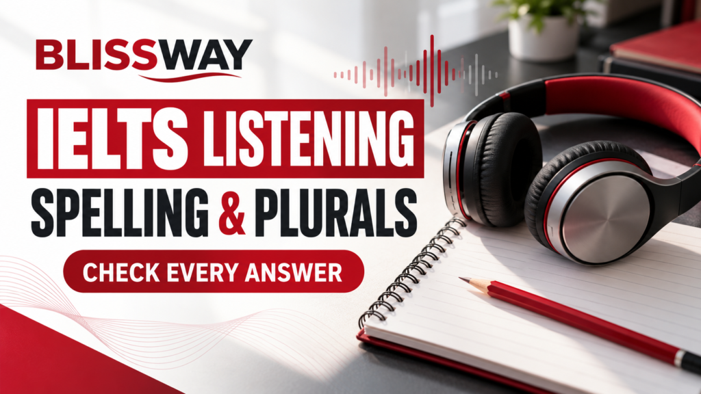 Blissway IELTS Listening spelling and plural answer checks with headphones and notebook