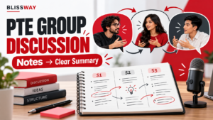 PTE Group Discussion: three speakers connected to S1 S2 S3 notes and a clear spoken summary