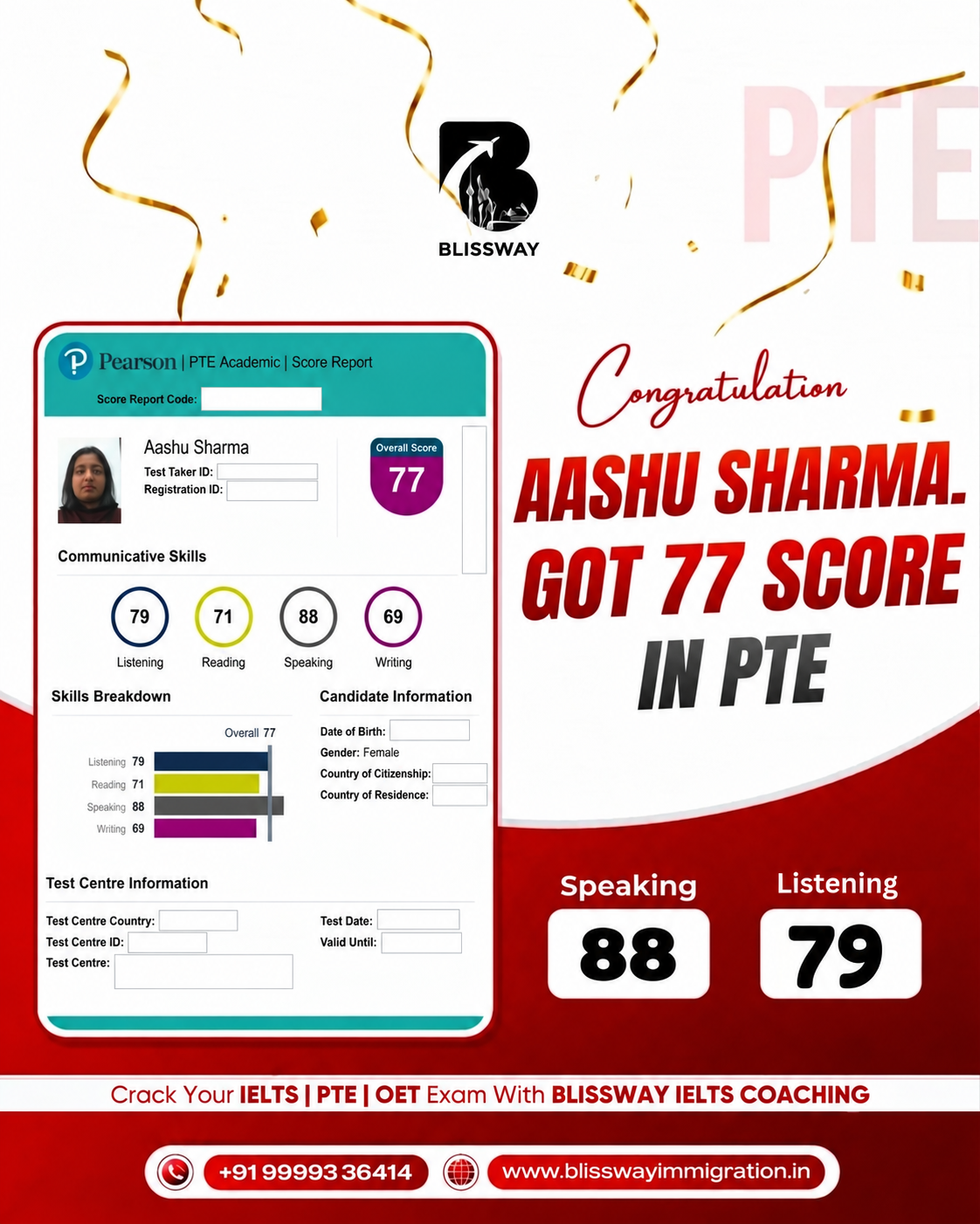Aashu Sharma PTE result creative: PTE Overall 77 · Speaking 88; personal identifiers redacted