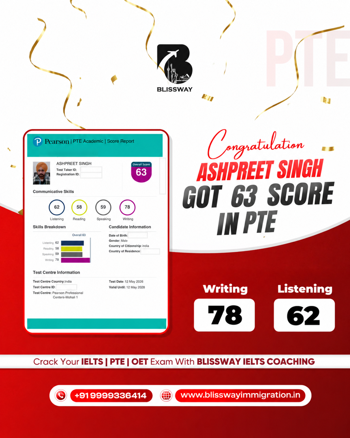 Ashpreet Singh PTE result creative: PTE Overall 63 · Writing 78; personal identifiers redacted