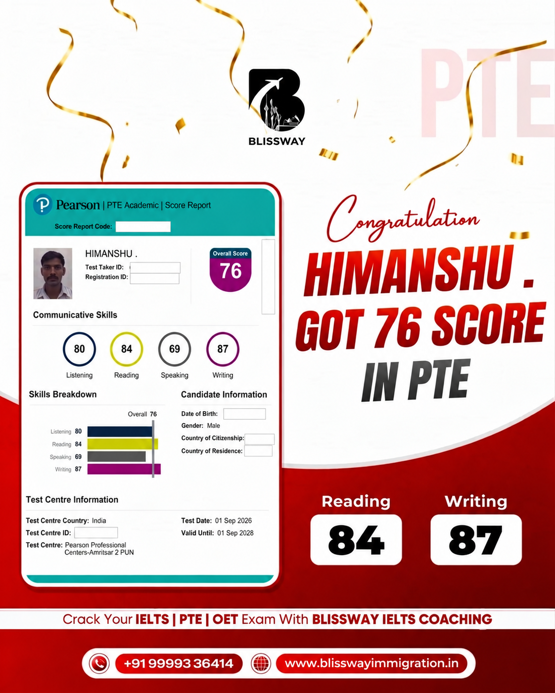 Himanshu PTE result creative: PTE Overall 76 · Writing 87; personal identifiers redacted