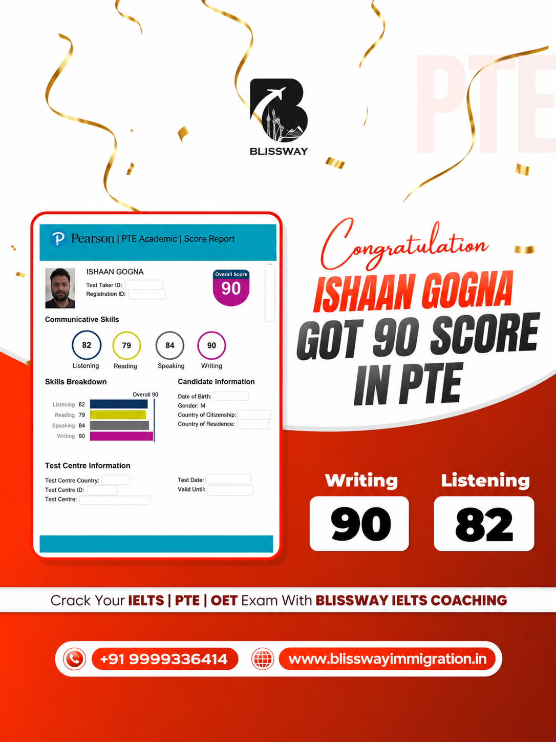 Ishaan Gogna PTE result creative: Writing 90 · Listening 82; personal identifiers redacted