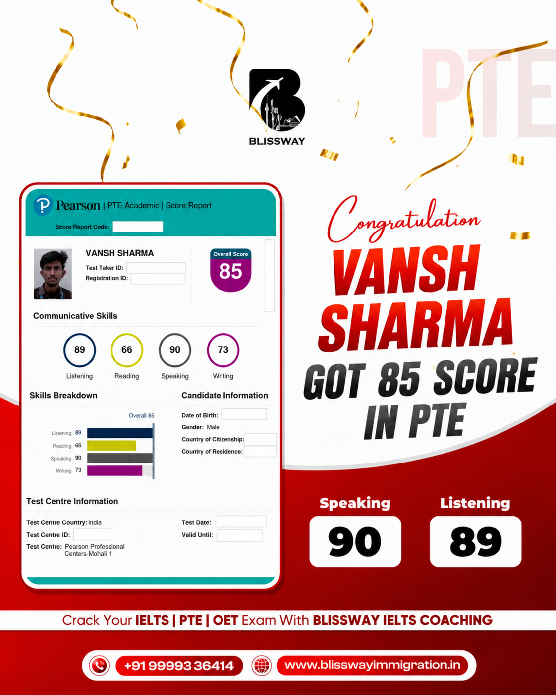 Vansh Sharma PTE result creative: PTE Overall 85 · Speaking 90; personal identifiers redacted