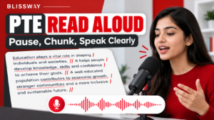 PTE Read Aloud: student at a microphone with a practice paragraph marked into meaningful chunks